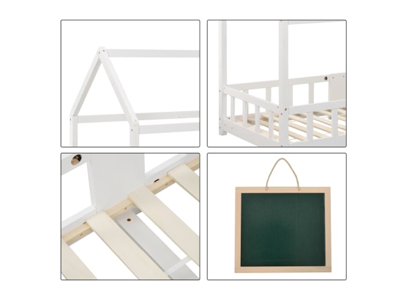 Lit cabane enfant 90 x 200 cm avec un tableau noir et clôture, bois + mdf, blanc, sans matelas - Conforama D