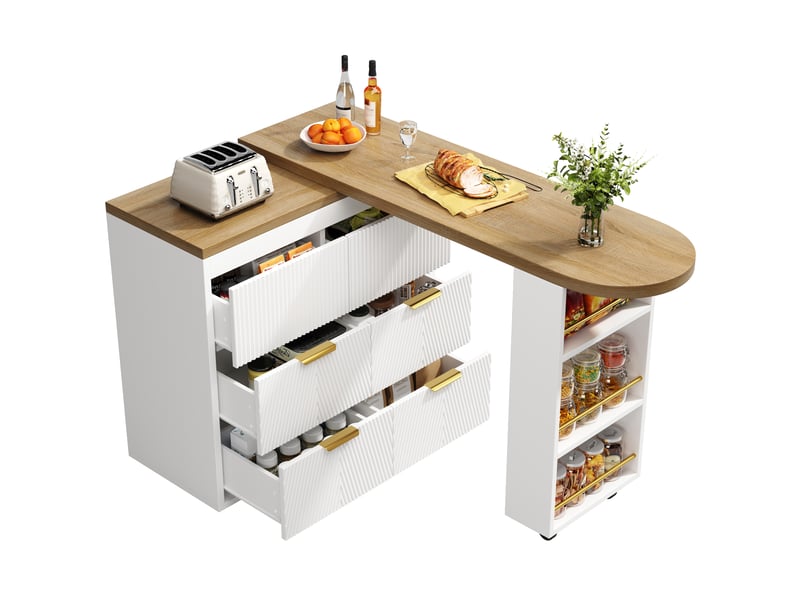  Table de bar 128-203x39x90 cm, pivotante 360°, 6 tiroirs, buffet de cuisine avec anti-basculement, mdf, blanc Bliss Lite - Conforama A