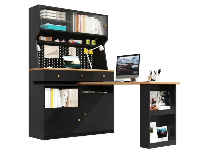  Armoire haute multifonction avec bureau et table de bar, led connecté et portes en verre, noir  - Conforama A