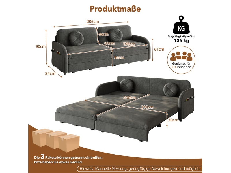  Canapé-lit 2 places 206x84x90 cm 3-en-1, poche latérale, canape droit en métal, bois, mousse et tissu chenille gris  - Conforama C