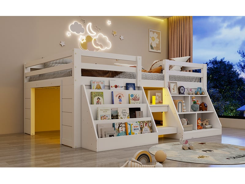  Lit mezzanine bas 140 × 200 cm, bois et mdf, led par application, rangements, échelle et barrières, sans matelas, blanc  - Conforama B