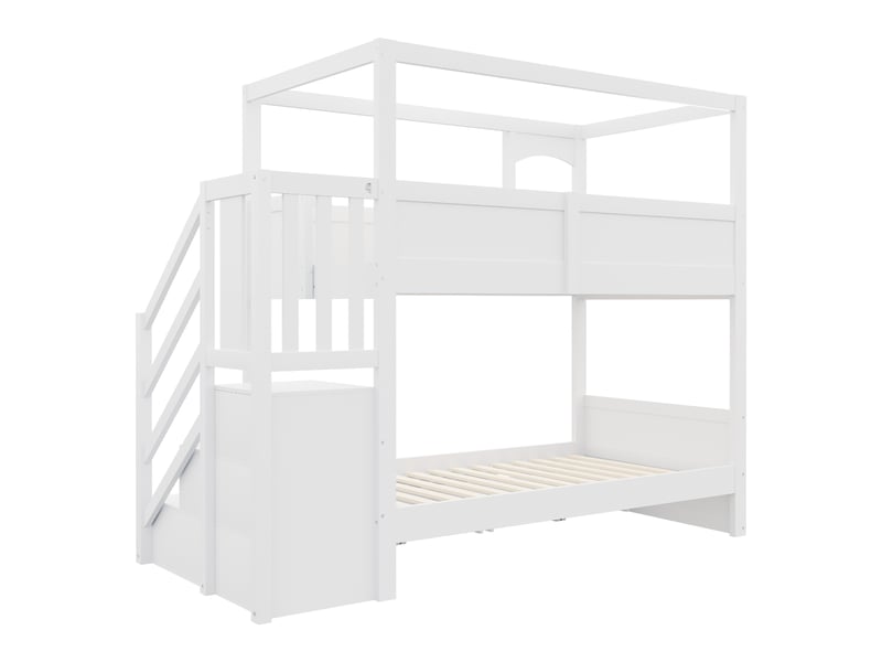  Lit superposé pour enfants, 90 x 200 cm, structure de lit style cabane, avec compartiments de rangement modulables et tableau noir créatif, avec échelle et tiroirs, lit double pour garçons et filles, blanc  - Conforama E
