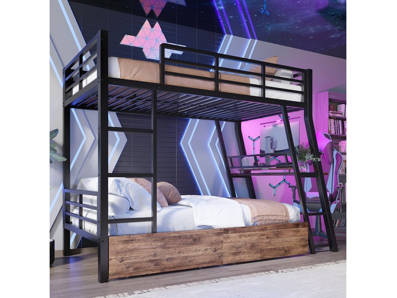  Lit mezzanine 90x200 cm avec bureau led et tiroirs en métal noir  - Conforama C