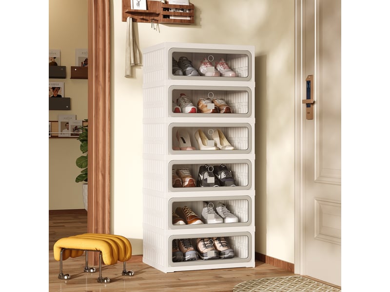  Meuble à chaussures pliable - 45x34,5x105,5 cm - meuble de rangement à 1 colonne et 6 niveaux - blanc et gris  - Conforama C