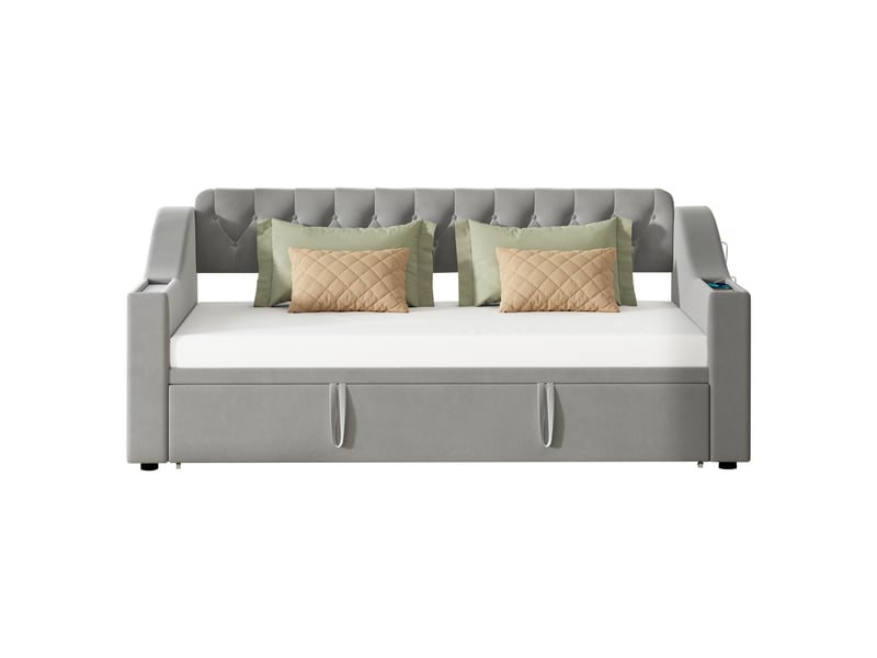  Lit adulte 90180x190cm,lit gigogne,canapé-lit en velours avec prise usb et poches,gris lit adulte gris - Conforama A