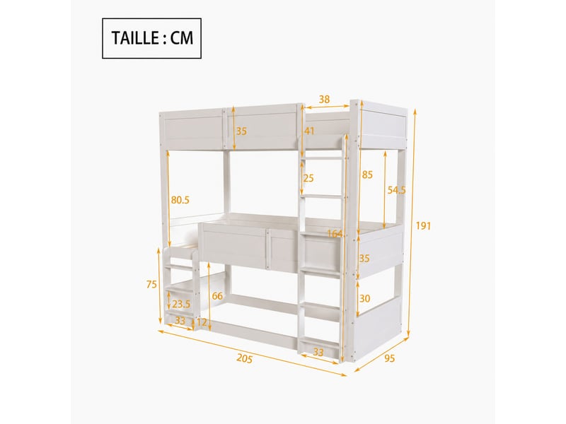 Lit superposé, lit 3 places en bois avec 3 niveaux et barrières, 90x200 cm, sans matelas, blanc  - Conforama D