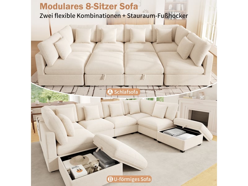  Canapé d'angle modulable 8 places 292x220cm - fonction lit 2 poufs rangement - tissu chenille - beige CozyNest - Conforama D