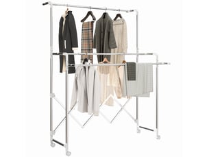 Étendoir pliable sur roulettes, 3 barres 104-150 cm, tubes inox, 10 kgbarre, 4 roulettes 360° (2 freins), montage sans outil