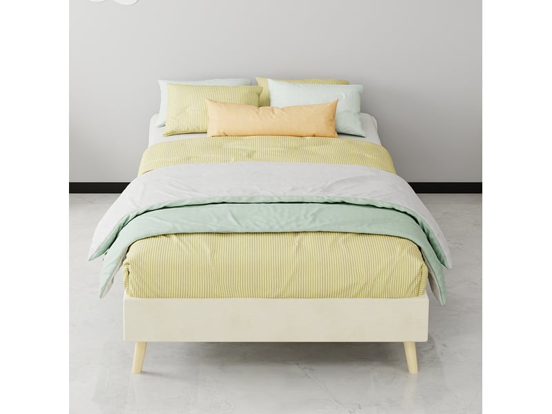  Modenvie lit enfant 90x200 cm - tête de lit capitonnée, pieds aspect bois naturel, sans matelas - beige  - Conforama E