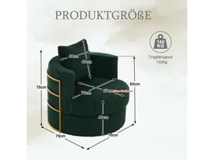 Fauteuil pivotant 360 degrés en velours côtelé vert émeraude, fauteuil une place pour salon ou chambre, rangement intégré