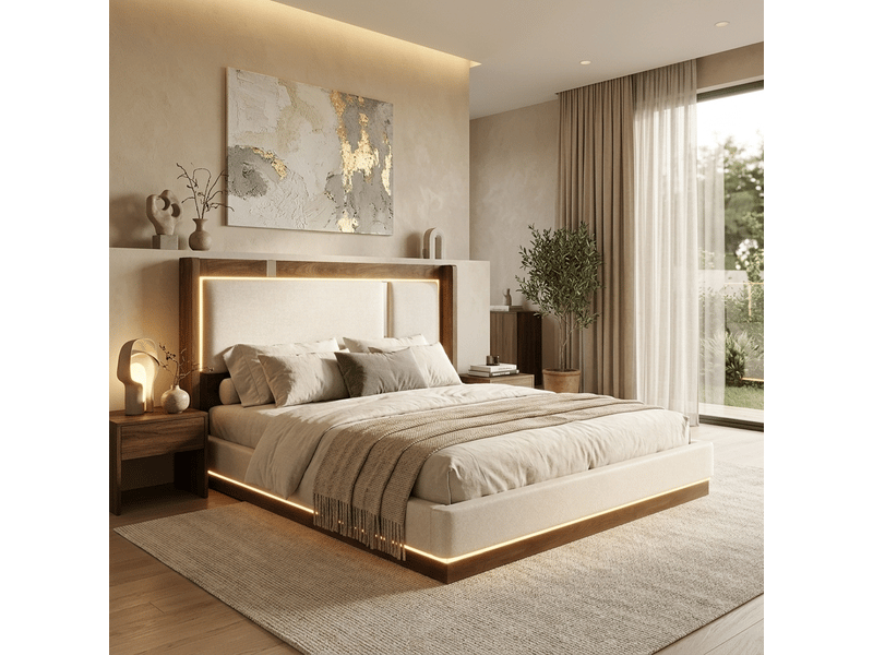  Lit coffre hydraulique 140x190 cm rembourré avec led, sommier à lattes, tête de lit en lin beige et effet noyer Morn Vibe - Conforama D