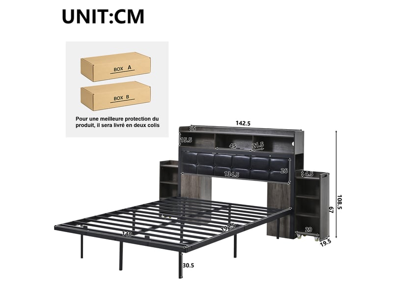  Lit 140x190 cm gris avec tête de lit, 2 chevets intégrés, rangements, usb et led, sommier inclus  - Conforama C