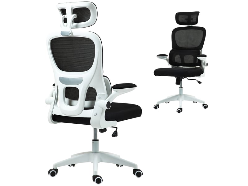  Chaise de bureau ergonomique noire avec appuie-tête réglable, dossier maille et accoudoirs relevables  - Conforama A