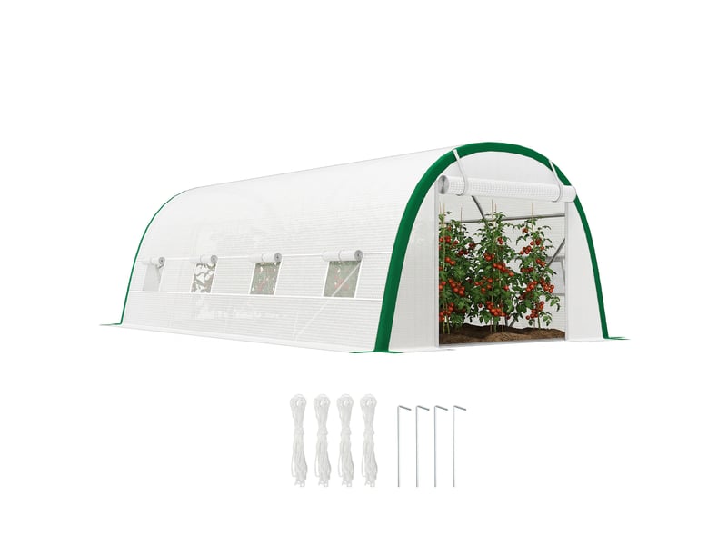  Serre de jardin tunnel 18 m² dim. 6l x 3l x 2h m - 8 fenêtres, porte zippée enroulable, acier galvanisé, bâche pe, blanc  - Conforama A