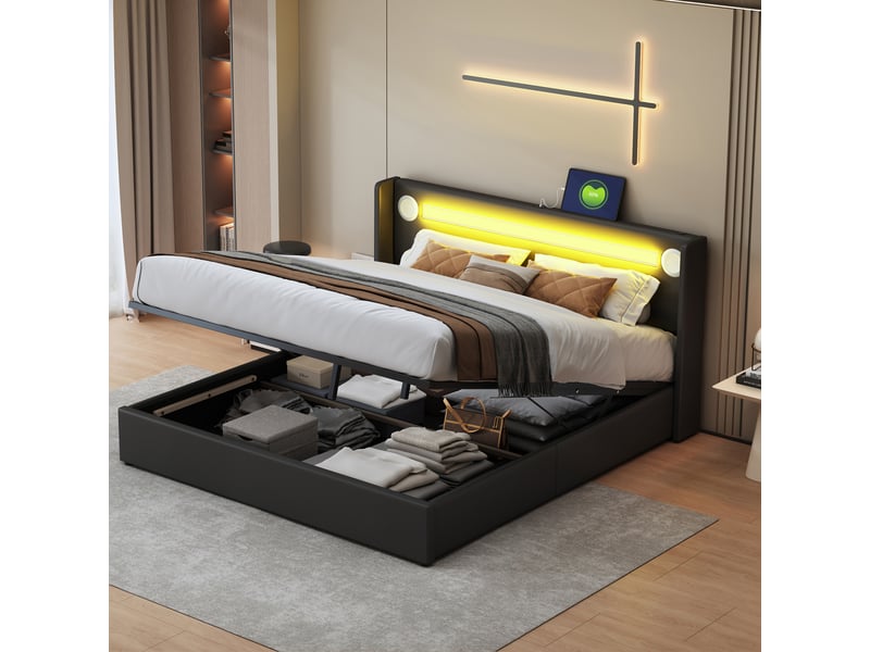  Lit capitonné en cuir pu noir 160 x 200 cm  - Conforama D