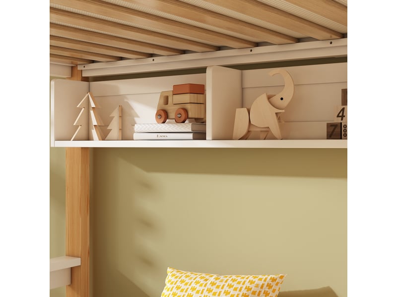  Lit superposé 90x200+140x200 avec tableau noir escalier coffre, 2 tiroirs, bois et mdf, blanc et naturel sans matelas  - Conforama R