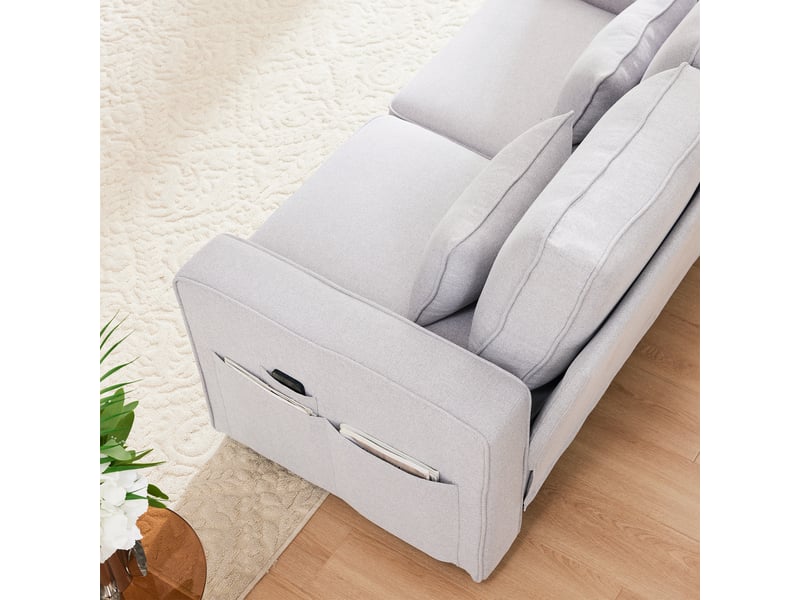  Canapé en lin moderne avec console centrale, porte-gobelets, ports usb, poches de rangement et 4 coussins-gris clair  - Conforama W