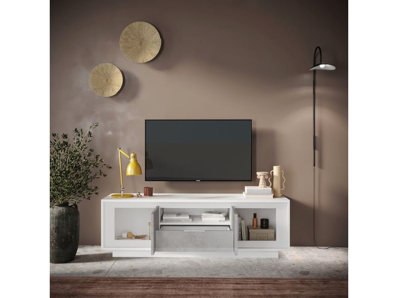 Meuble tv 2 portes 1 tiroirs 1 niche blanc laqué façades aspect ciment piètement socle - azonto AZONTO - Conforama D