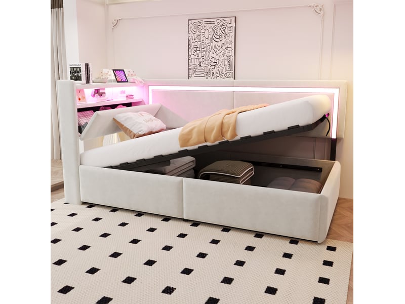  Lit simple 90x200 cm rangement hydraulique led et ports usb en velours beige  - Conforama B
