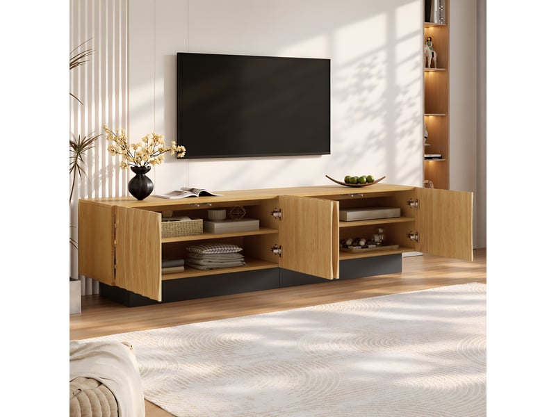  Meuble tv 180x40x50cm avec 4 portes à relief arqué 3d, étagères fixes, passe-câbles et socle noir, style mid-century, bois naturel evarich - Conforama E