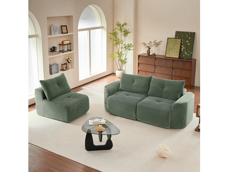 Canapé modulable 3 places couleur vert sauge, configuration 2+1, design arrondi, mousse, revêtement côtelé - Conforama D