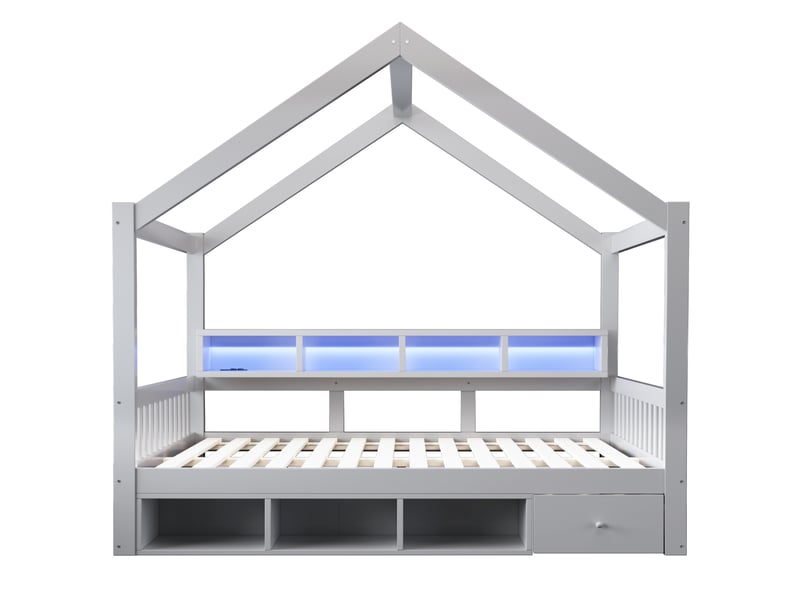 Lit cabane en bois gris 140x200 cm, barrières, rangements, tiroirs et led - Conforama A