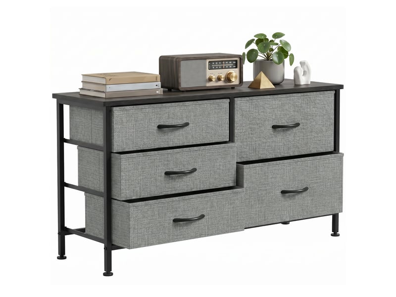  Commode en tissu à 5 tiroirs, commode de chambre, structure en acier, commode pour salon ou bureau, gris foncé et noir  - Conforama B