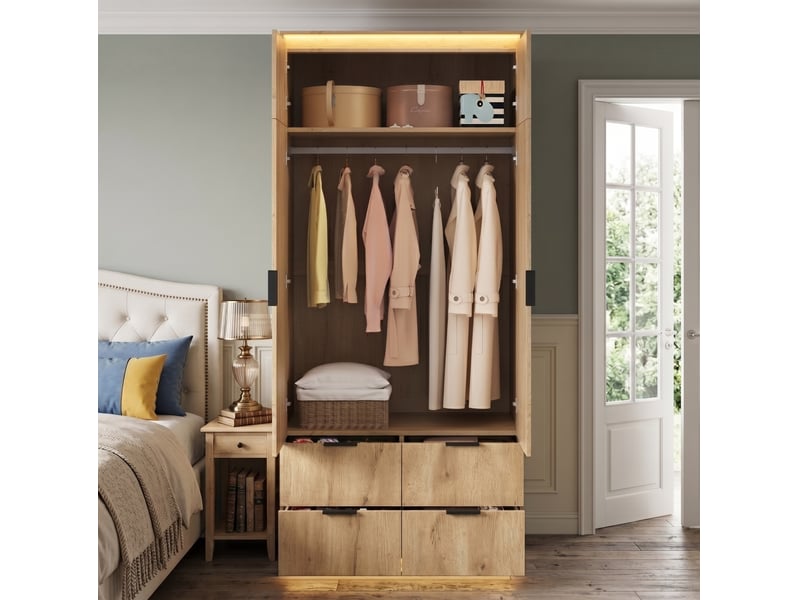 Armoire 2 portes avec miroir, 4 tiroirs et éclairage led pour chambre, en mdf décor chêne, 90 × 47 × 200 cm - Conforama C