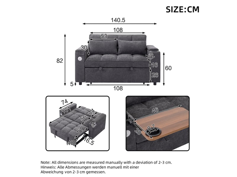  Canapé convertible 2 places avec dossier réglable, prises usb et type-c, tissu gris  - Conforama E