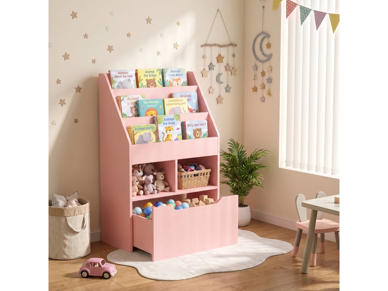  Bibliothèque en bois pour enfants avec 3 compartiments, 2 cubes et un tiroir mobile à 4 roulettes, 60 x 29,9 x 90 cm, rose  - Conforama C