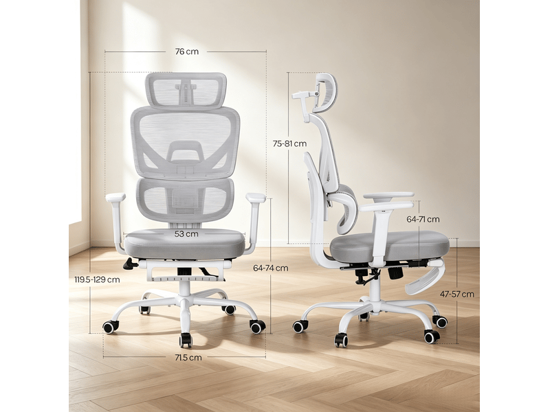  Chaise de bureau ergonomique avec repose-pieds réglable dossier inclinable et appuie-tête en maille et métal gris  - Conforama C