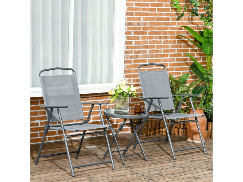  Ensemble de jardin 3 pièces comprenant 2 chaises (53,5 x 64 x 93 cm) et une table basse (ø 45 x 50 cm), en métal gris clair.  - Conforama C