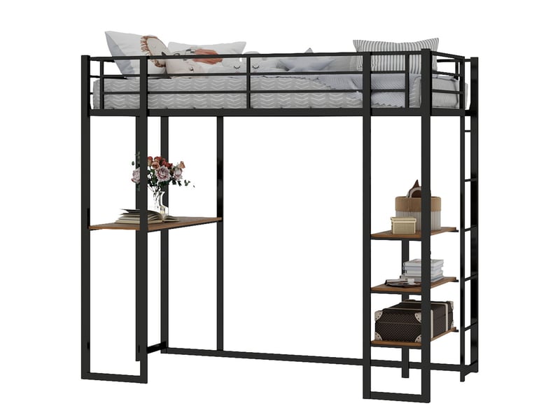  Lit mezzanine 90x190 cm avec bureau et garde-corps métal noir sans matelas  - Conforama E