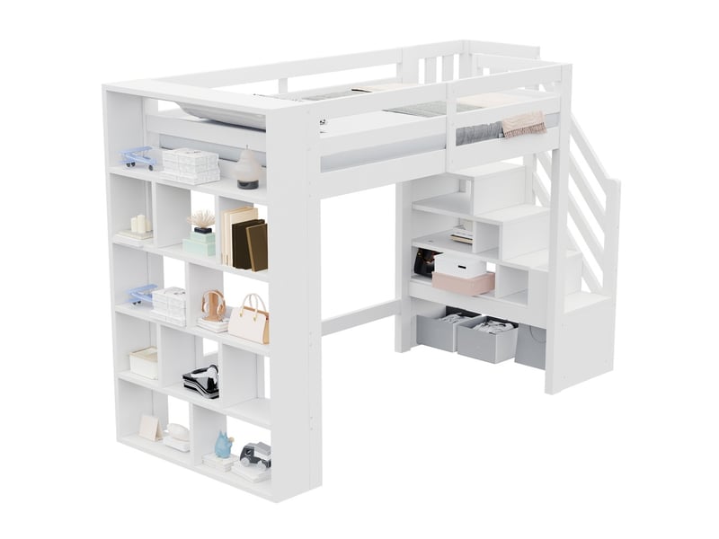 Lit mezzanine blanc en bois massif et mdf 90x200 cm avec rangements et led - Conforama A