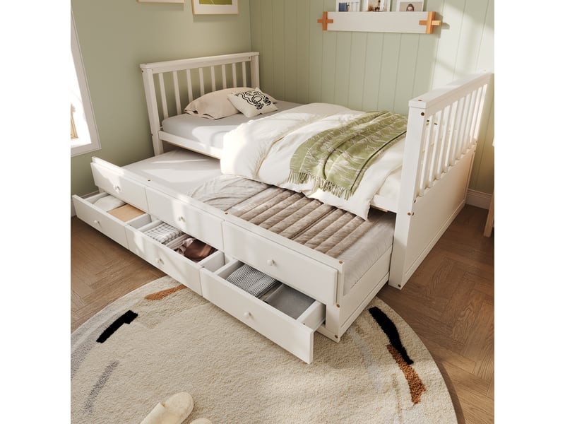  Lit gigogne simple 90×200 cm et 90×190 cm, 3 tiroirs  - sans matelas, bois blanc  - Conforama C