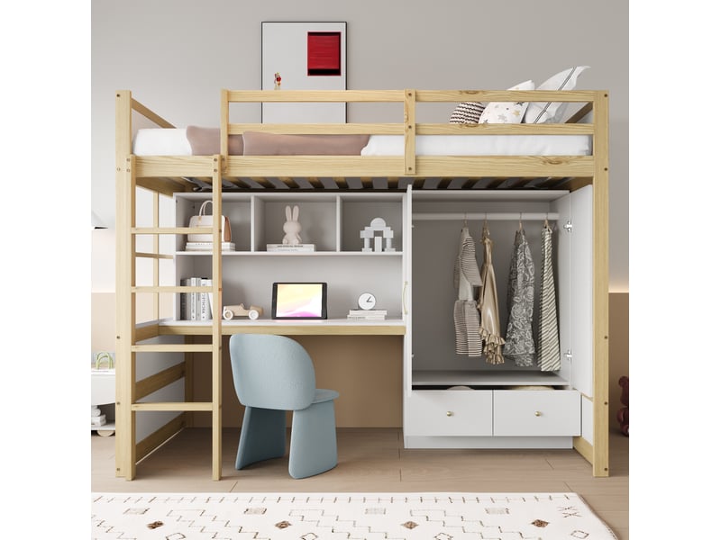  Lit mezzanine enfant 90 x 200 cm avec bureau, armoire et tiroirs, blanc et bois  - Conforama B