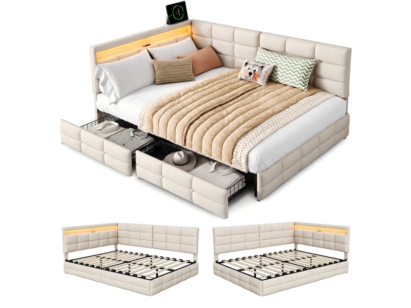 Kefsr lit double capitonné 140x190 cm, lit d'angle banquette avec 2 tiroirs, éclairage led, prises usbtype-c et sommier à lattes, tissu lin beige - Conforama A