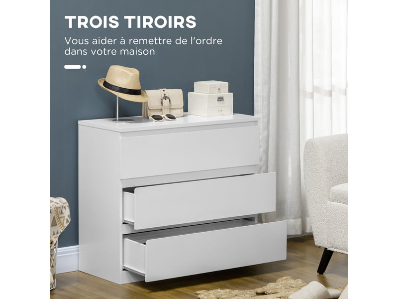  Commode 3 tiroirs, meuble de rangement épuré pour chambre, 80l x 39p x 73h cm, intérieur  - Conforama E