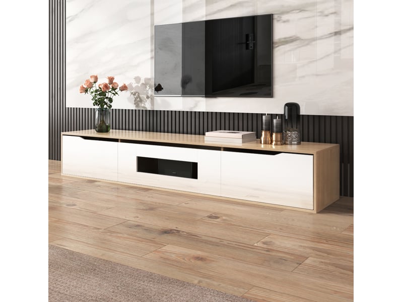  Meuble tv modenvie led 180 x 35 x 30 cm blanc brillant et bois clair  - Conforama E