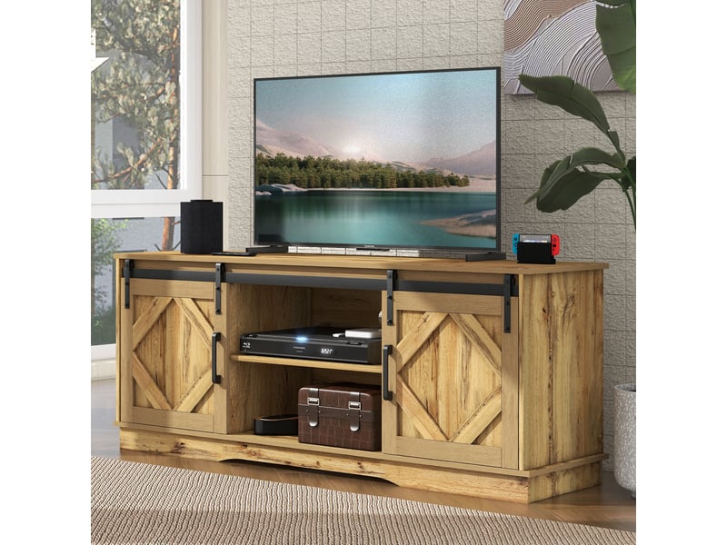  Meuble tv avec 2 portes coulissantes et 2 niches pour salon 150×40×60 cm en panneaux de particules marron rustique  - Conforama B