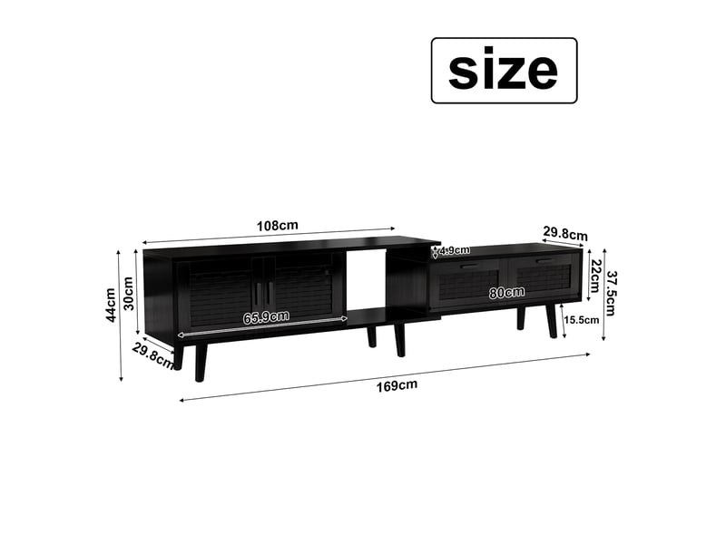  Meuble tv extensible - facade en rotinbois 115-169x30x44cm - grand rangement - style bohème &amp; naturel - noir  - Conforama E