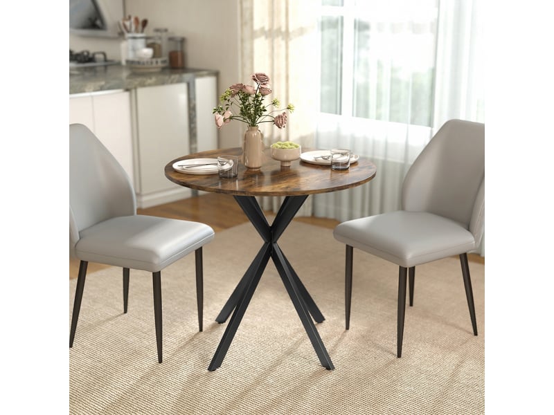  Table à manger ronde pour 2 personnes avec plateau aspect bois et piètement croisé en acier, brun rustique  - Conforama C