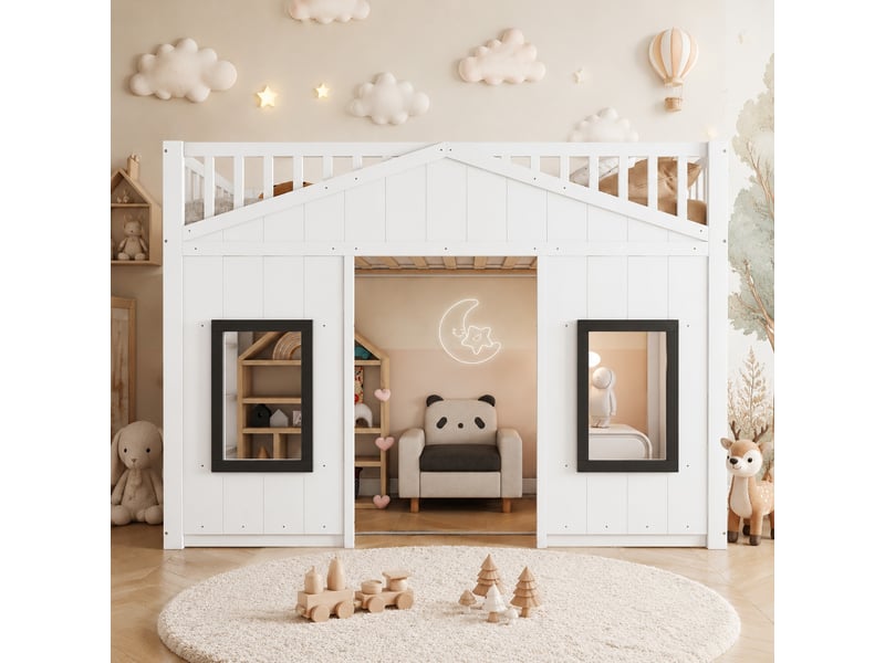  Lit superposé enfant cabane blanc et gris avec escalier 90 x 200 cm  - Conforama C