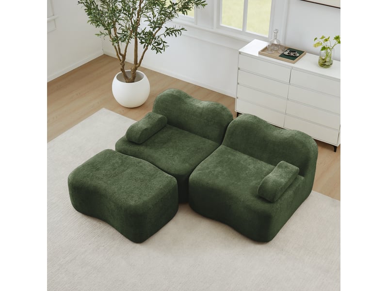  Canapé d'angle modulable ulevr 2 places avec ottomane en velours vert, 192 x 167 x 70 cm  - Conforama D