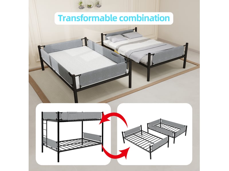 Lit superposé séparable en 2 lits 90x190 cm, barrières amovibles en lin, métal noir, sans matelas - Conforama D
