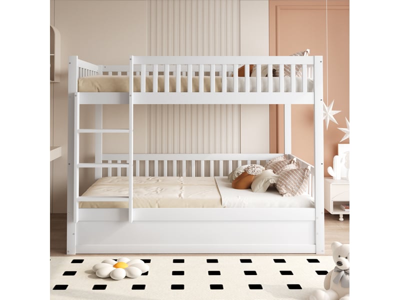  Lit superposé enfant 90x200 cm avec rangement hydraulique bois blanc sans matelas  - Conforama D