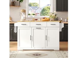 Desserte de cuisine mobile avec 3 tiroirs, poubelle, plateau rabattable et prises en mdf blanc naturel 136 × 75 × 92 cm