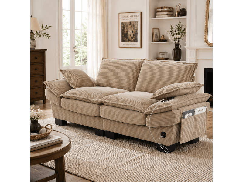  Canapé 2 places en velours côtelé kaki avec usb-c et poches latérales, assise large et design ergonomique  - Conforama B