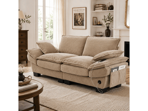 Canapé 2 places en velours côtelé kaki avec usb-c et poches latérales, assise large et design ergonomique