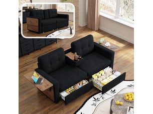 Canapé droit fixe EVRYAE 2 places Tissu noir avec coffre de rangement